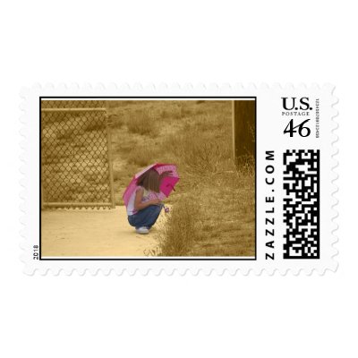 Little Girl With A Pink Umbrella Postage by MIGRAINE