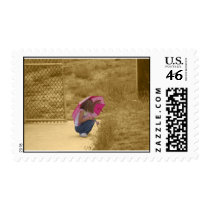 Little Girl With A Pink Umbrella postage by MIGRAINE Little Girl With A Pink Umbrella postage