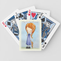 Little Girl with Bunny Plush Friend Playing Cards