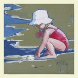 Little girl with hat on beach with waves posters