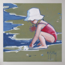 Little girl with hat on beach with waves print