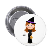 Little girl with spider dressed up as a witch pinback button