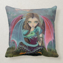 Little Gothic Fairy and Dragon Fantasy Art Pillow