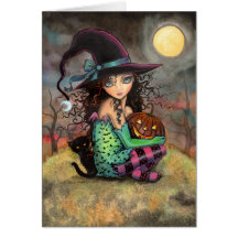 Little Halloween Witch and Black Cat Card