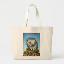 Little hedgehog on a big pile of leaves bags