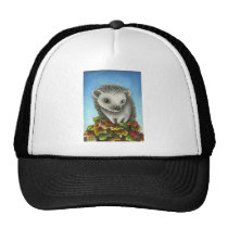 Little hedgehog on a big pile of leaves hats