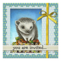 Little hedgehog on a big pile of leaves invitations