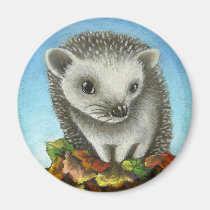 Little hedgehog on a big pile of leaves magnets