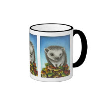 Little hedgehog on a big pile of leaves mugs
