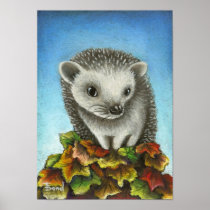 Little hedgehog on a big pile of leaves posters