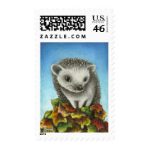 Little hedgehog on a big pile of leaves stamps