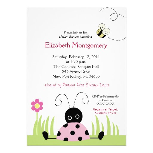 Little Ladybug (Pink) Baby Shower 5x7 Personalized Announcement (front side)
