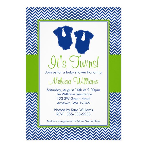 Little Man Chevron Blue Green Twins Baby Shower Personalized Invite (front side)