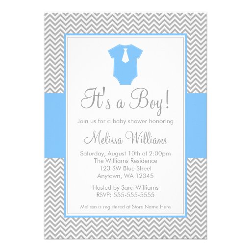 Little Man Chevron Gray Blue Baby Shower Custom Invite