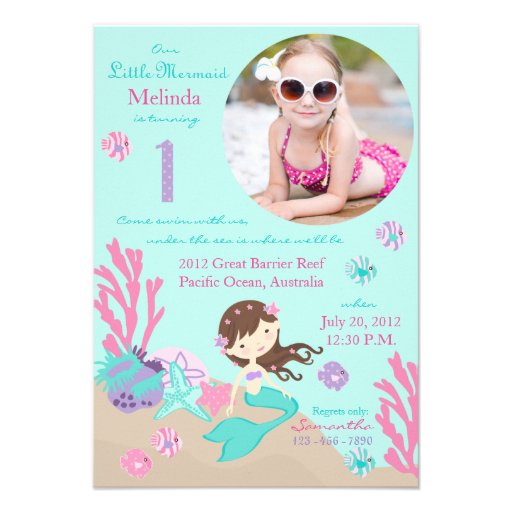 Little Mermaid Birthday Invitation Lt. Brunette 1