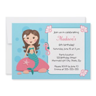 Little mermaid girl cute girly birthday invitation