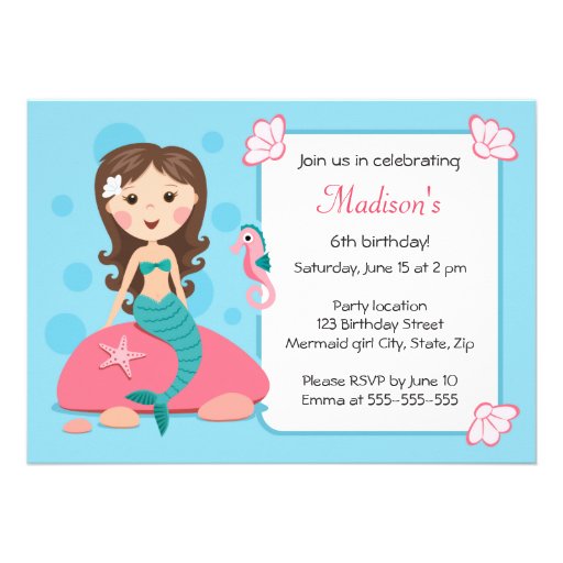 Little mermaid girl cute girly birthday invitation