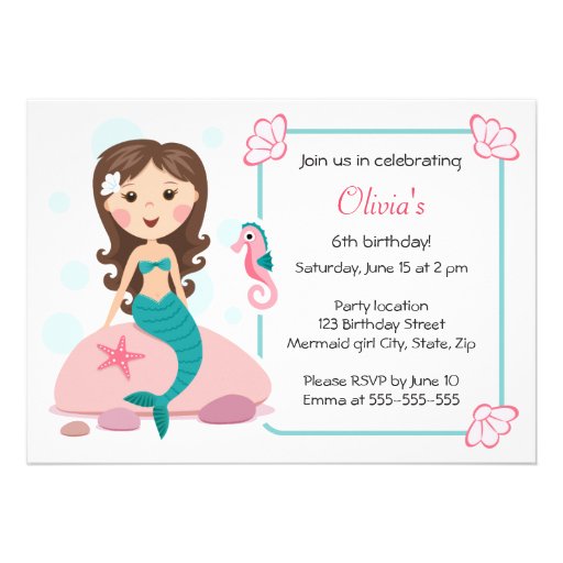 Little mermaid girl cute girly birthday invitation