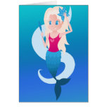 Little mermaid with mirror and wave illustration card