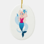 Little mermaid with mirror and wave illustration ceramic ornament