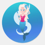 Little mermaid with mirror and wave illustration classic round sticker