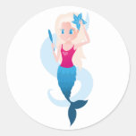 Little mermaid with mirror and wave illustration classic round sticker