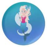 Little mermaid with mirror and wave illustration dinner plate