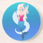 Little mermaid with mirror and wave illustration drink coaster