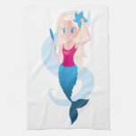 Little mermaid with mirror and wave illustration hand towel