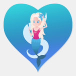 Little mermaid with mirror and wave illustration heart sticker