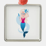 Little mermaid with mirror and wave illustration metal ornament