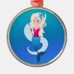 Little mermaid with mirror and wave illustration metal ornament