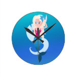 Little mermaid with mirror and wave illustration round clock