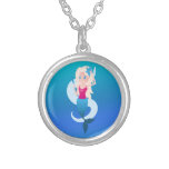 Little mermaid with mirror and wave illustration round pendant necklace