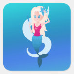 Little mermaid with mirror and wave illustration square sticker