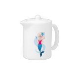Little mermaid with mirror and wave illustration teapot
