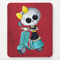 artsprojekt, cute skeleton, emo gift, skeleton, scooter, cute skull, scooter gift, skull, halloween, emo, vespa, lambretta, skeleton scooter, scooter rally, modette, emo illustration, cute, dead girl, mod, skeleton girl, scooter girl, scooter present, skeleton gift, skeleton present, emo present, Mouse pad with custom graphic design