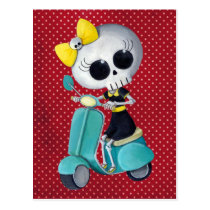 artsprojekt, cute skeleton, emo gift, skeleton, scooter, cute skull, scooter gift, skull, halloween, emo, vespa, lambretta, skeleton scooter, scooter rally, modette, emo illustration, cute, dead girl, mod, skeleton girl, scooter girl, scooter present, skeleton gift, skeleton present, emo present, Postcard with custom graphic design