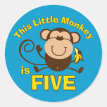 Little Monkey 5th Birthday Boy Round Stickers