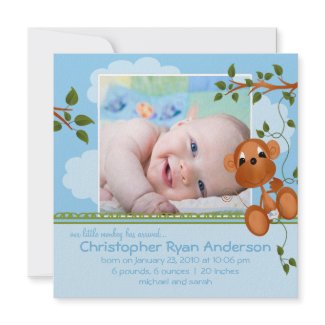 Little Monkey Baby Boy Photo Announcement invitation
