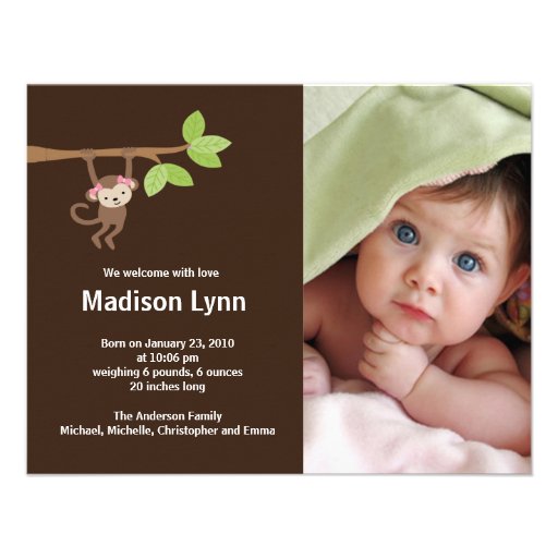 Little Monkey Baby Girl Birth Photo Announcement
