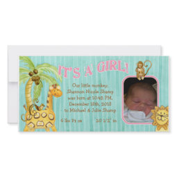 Little Monkey Girl Baby Birth Announcement photocard