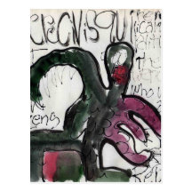 little monster with red mouth and words post card