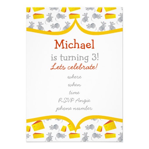 little mouses & cheese with yellow frame invites