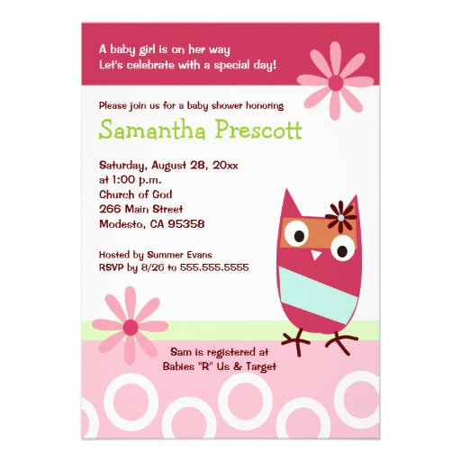 Little Owl Baby Shower Invitations Baby Girl 5x7