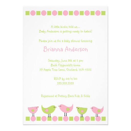 Little Pink and Green Birds Baby Shower Invite