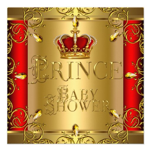 Little Prince Baby Shower Boy Red Gold Crown Invite