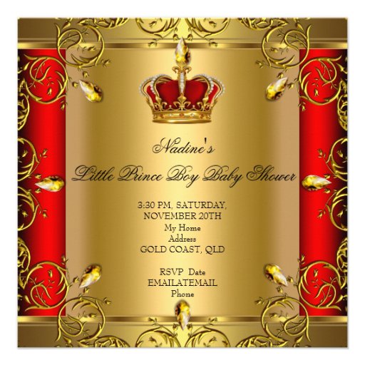 Little Prince Baby Shower Boy Red Gold Crown Invite