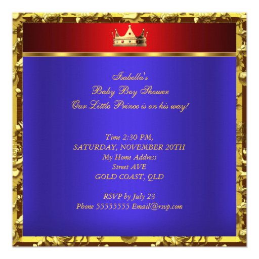 Little Prince Baby Shower Red Blue Gold Boy Custom Invitations