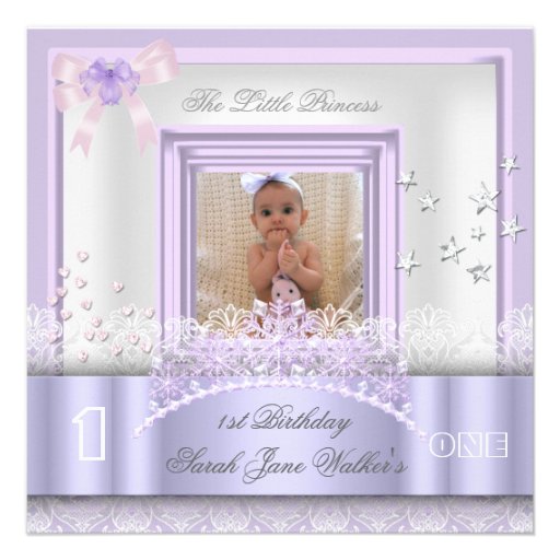 Little Princess First Birthday Party Photo Purple Custom Announcements